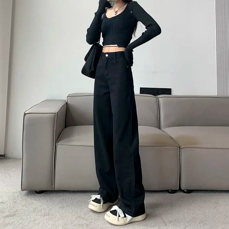 Autumn Winter New Fashion High Waist Button Solid Jeans Women's Clothing Casual All-match Korean Pocket Simplicity Straight Pant