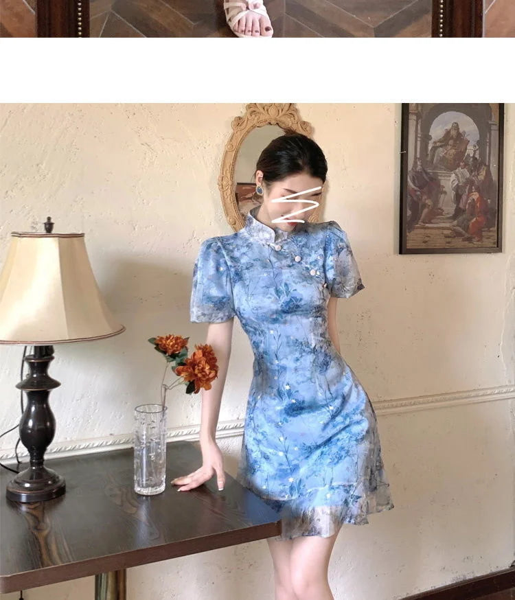 Summer French Short Sleeve Modern Chinese Dress Improvement Cheongsam Girl's Blue Print Fashion Dresses Qipao - Seprincess