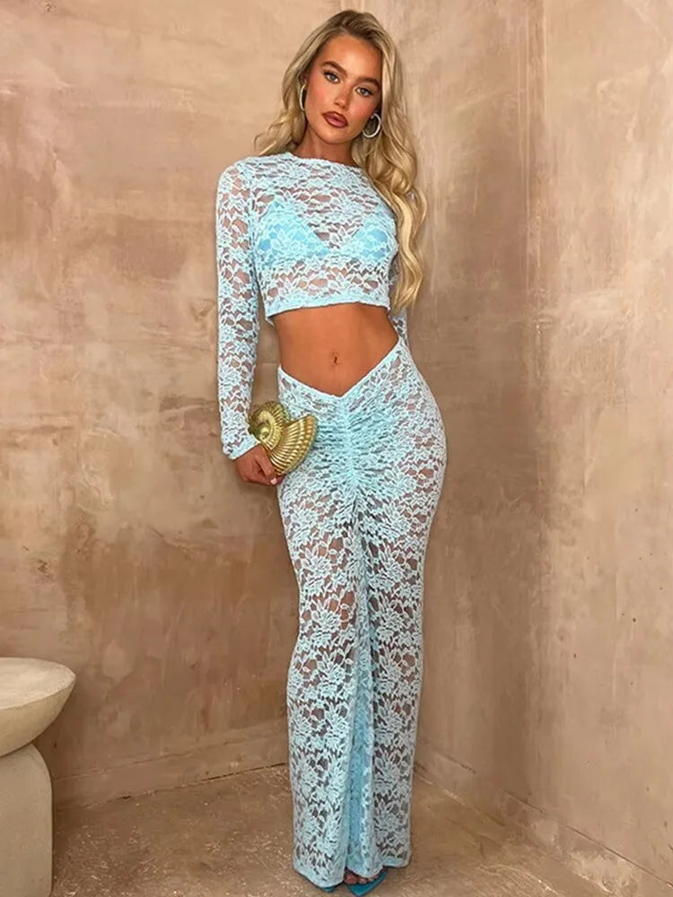 Avrilyaan Lace Perspective Sexy Party Two Piece Set Strapless Crop Top And Midi Skirts 2 Pieces Set Women 2024 Summer Outfits