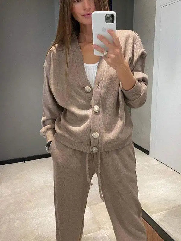 Autumn Fashion Knitted Cotton Women's Sports Jacket Suit Simple Trousers Pocket Casual Cardigan Elegant 2-piece Set Female - Seprincess