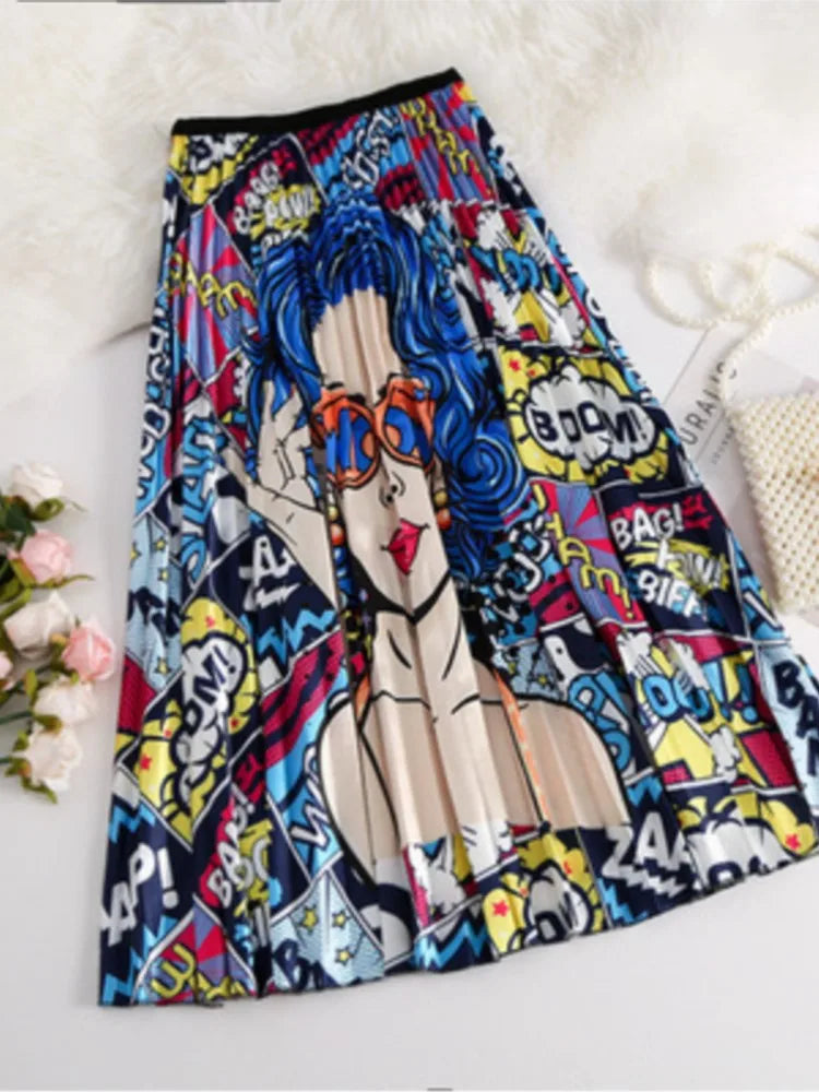 2024 Summer Women Cartoon Print Pleated Skirts A Line High Waisted Elastic Midi Long Skirt Ladies Party Korean Style Dresses - Seprincess