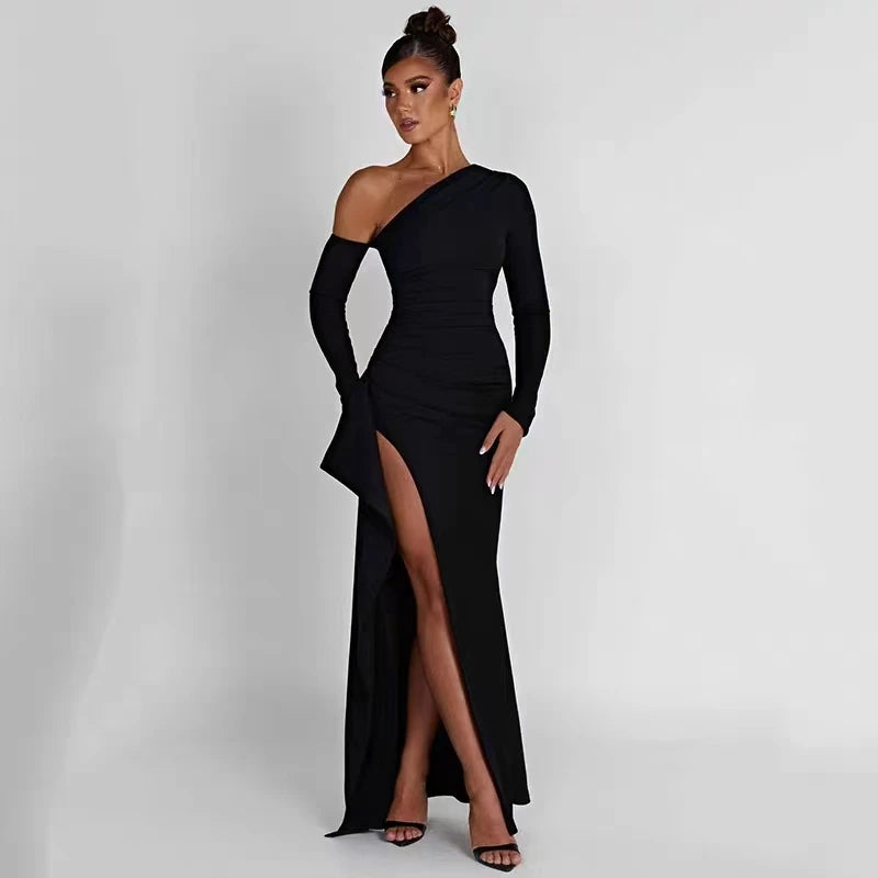 Slant Shoulder Long Sleeved Dress off Shoulder High Slit Sexy Evening Dress Elegant Fashionable Banquet Party Slim for Slimming - Seprincess