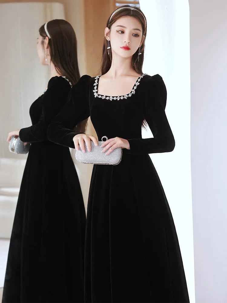 Black Evening Dresses Long Sleeve Square Collar Elegant Velvet Dress Beading Crystal Formal Gowns 2023 New Vestido - Seprincess