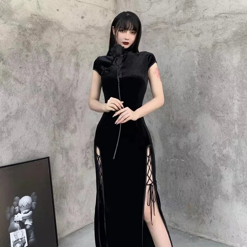 Vintage Black Gothic  Bandage Dress Sexy Cheongsam High Split Velvet Dress Spring Retro Long Qipao Women Aesthetic Dresses - Seprincess