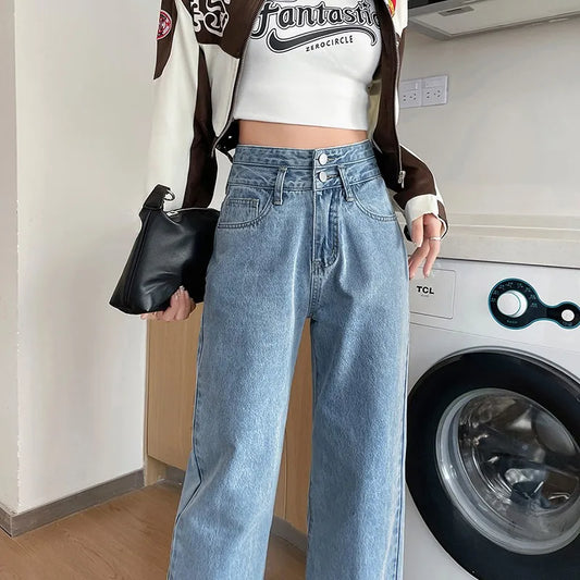 Fashion Denim Jeans Women Casual Autumn Spring Button Design Pants Loose Straight Brand High Quality New Arrivals Trousers