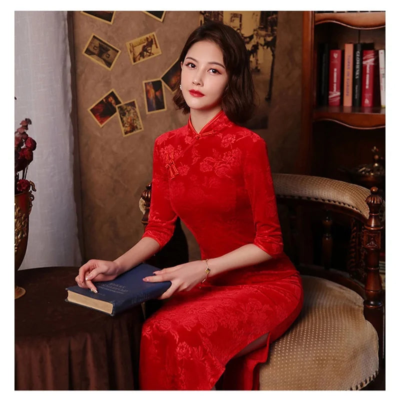 Red 3/4 Sleeve Long Cheongsam Velvet Slim Mother Dress Elegant Traditional Evening Dresses Qipao - Seprincess