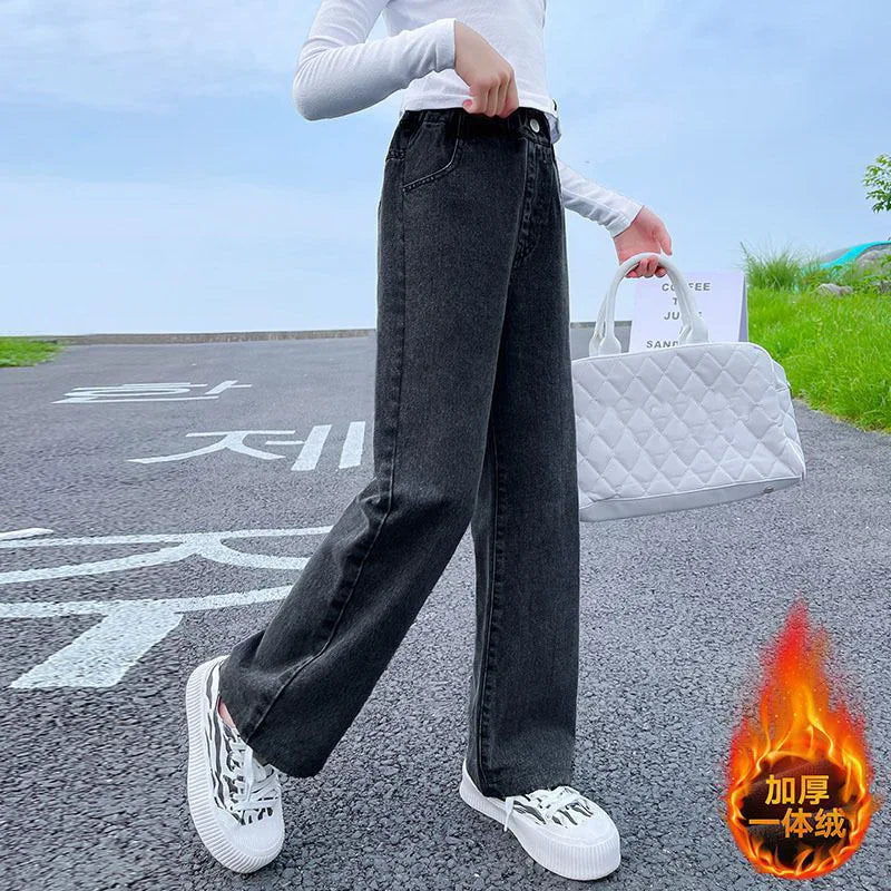 Young Girls Jeans 2024 New Fashion Jeans Wide Leg Pants Autumn Winter  Fleece Thick Warm High Waist Baby Hot Sale Casual Trouser