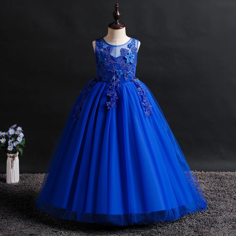 Blue New Girl Flower Long Dress Children's Ball Embroidered Princess Dress for 4 to 14 years Girl Party Wear - Seprincess