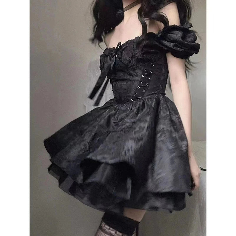 Gothic Black Mini Dress Women Vintage Sexy Spaghetti Strap High Waist  Dresses 90s Egirl Punk Grunge Slim Party Club Dress Women - Seprincess