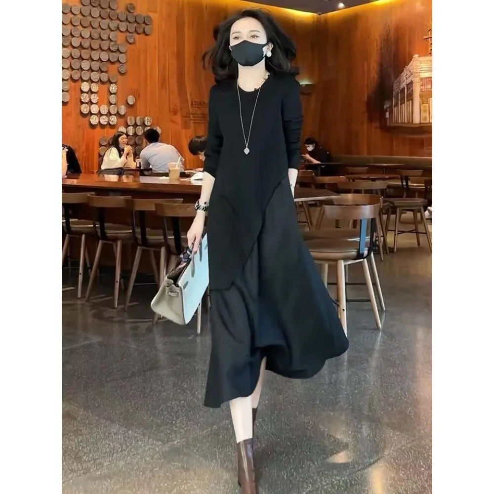 Women's Lyrical Party Dresses Long Sleeve Fake Two Piece Dress Round Neck Pure Black Skinny Casual Business Office Streetwear - Seprincess