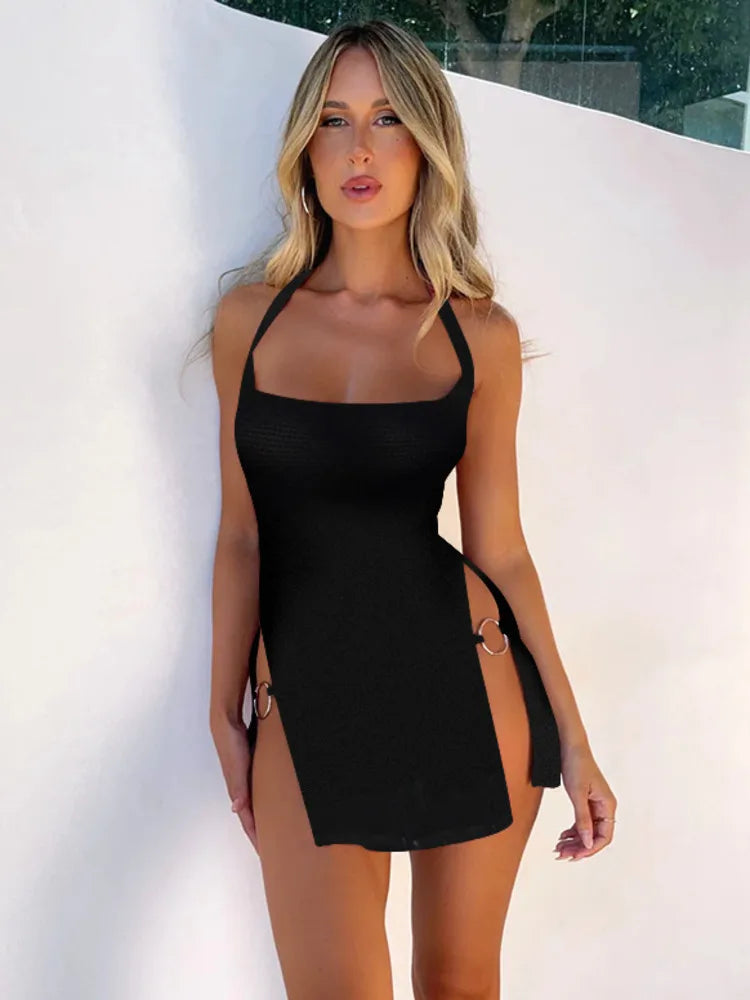 Mozision Metal Circle Split Mini Dress For Women 2023 Summer New Black Halter Backless Sleeveless Bodycon Short Dress Vestidos - Seprincess