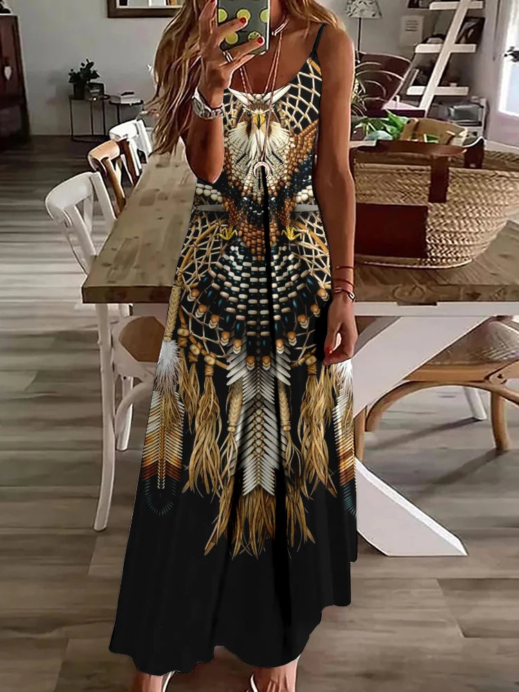 Summer Casual Everyday Women's Halter Dress Vintage Ethnic Print Dress Street Fashion Sleeveless Dress Holiday Party Long Dress - Seprincess