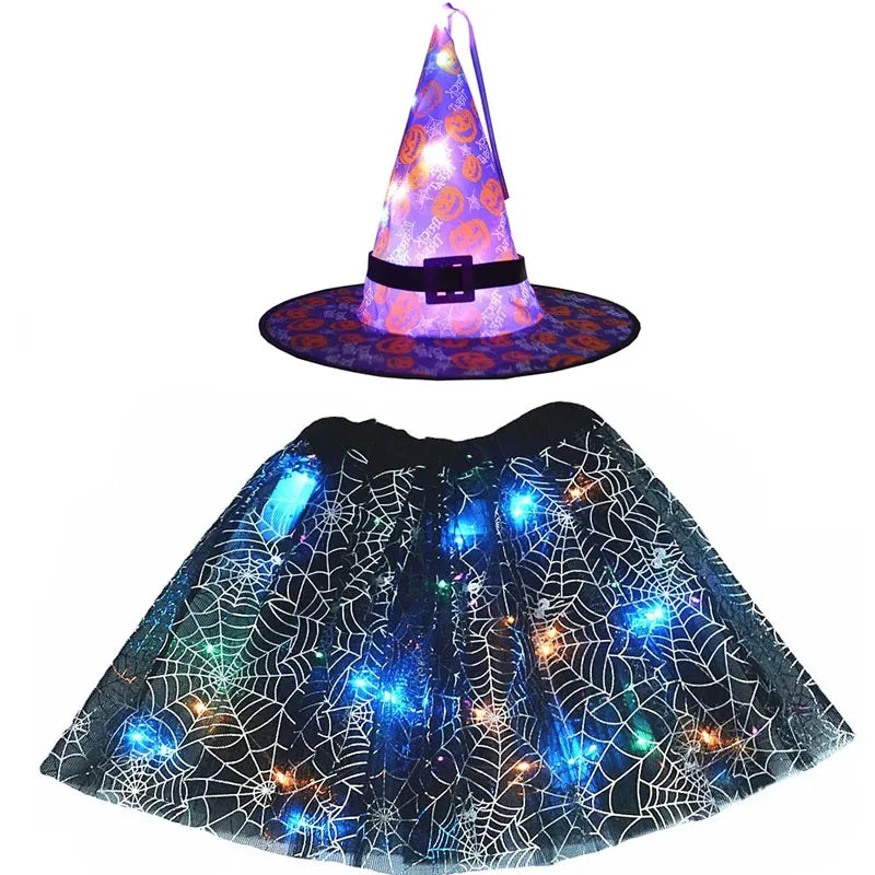 Women Kids Girl Luminous LED Glow Light Up Elf Witch Hat Star Skirt Spider Web Tutu Wizard Costume Party Gift Halloween Festival - Seprincess