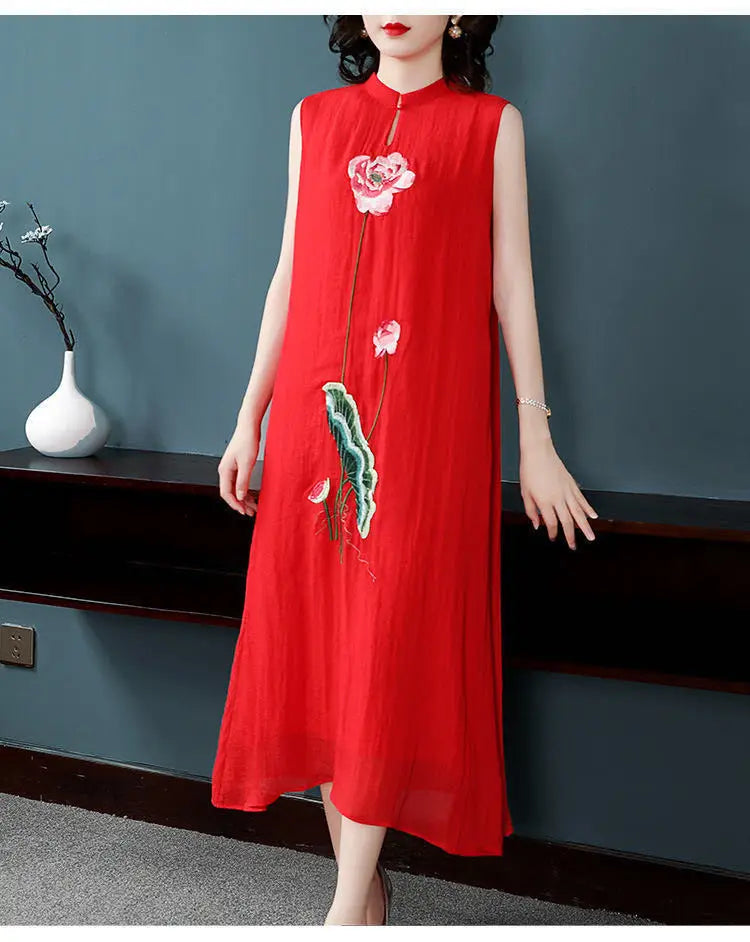 1pcs/lot chinese style woman Embroidered Cheongsam Sleeveless Vest Chiffon Dress Woman Dress print dress - Seprincess