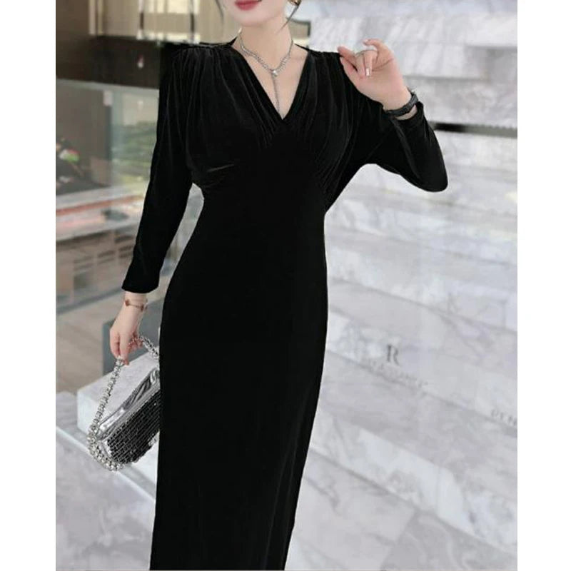 Women Vintage Gold Velvet Ruched Bodycon Elegant Evening Party Dresses Sexy V Neck Split High Waist Long Sleeve Maxi Dress Robe - Seprincess