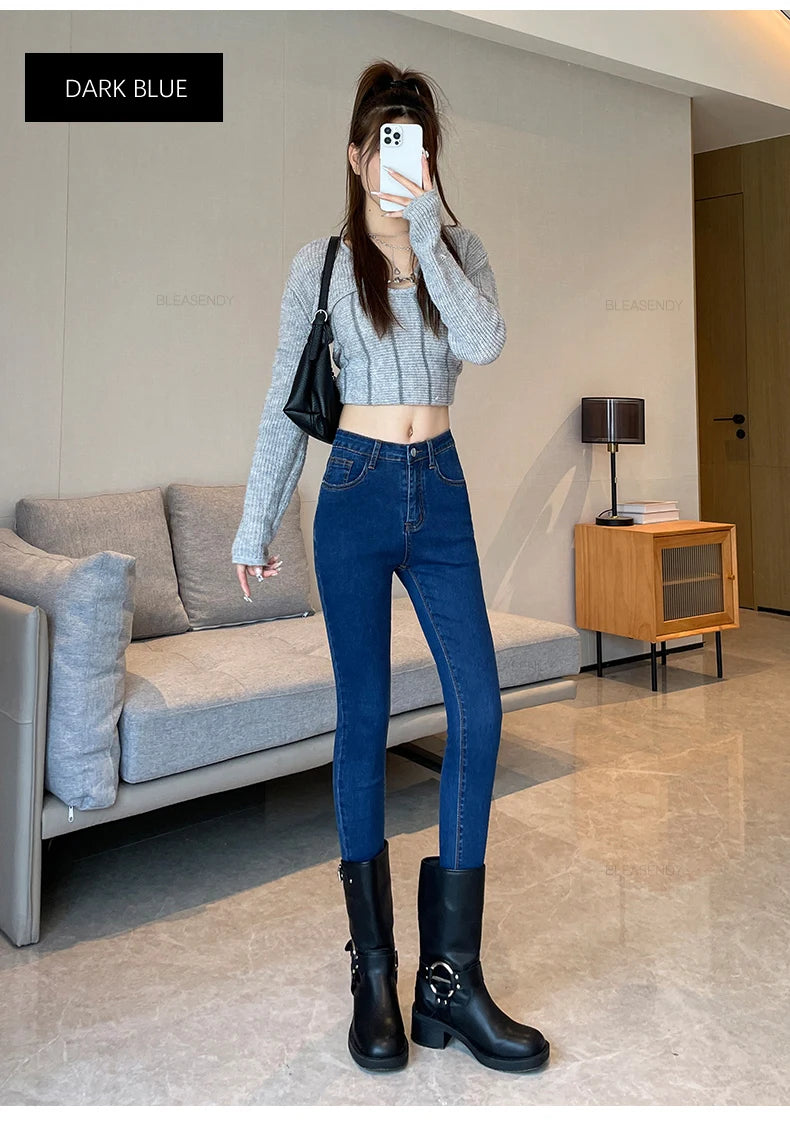 Skinny Jeans Women's Elastic High Waist Slim Fashion Korean Pencil Pants Spring New Leggings Black Gray Light Blue