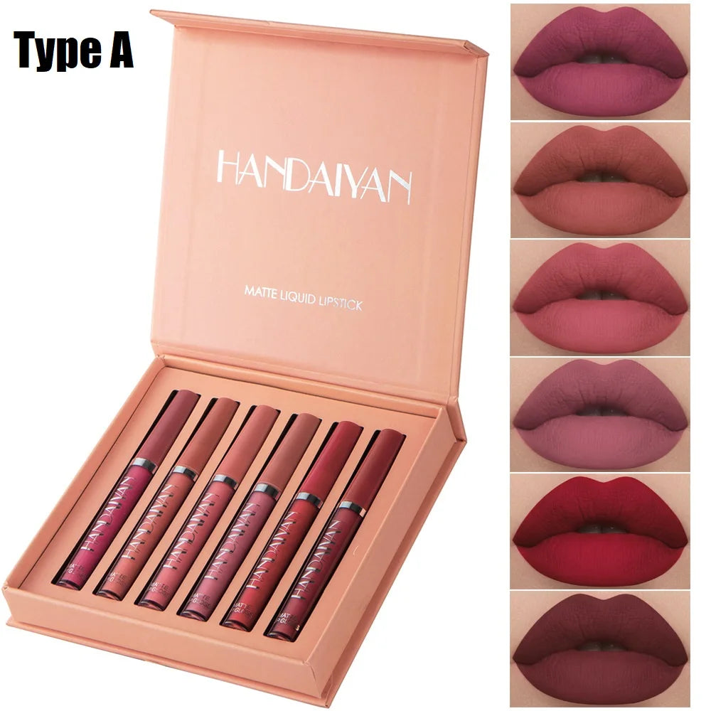 HANDAIYAN 6 Pcs/set Red Liquid Lipstick Velvet Matte Lip Gloss Nude Makeup Women Long Lasting Waterproof Beauty Cosmetics Tool - Seprincess