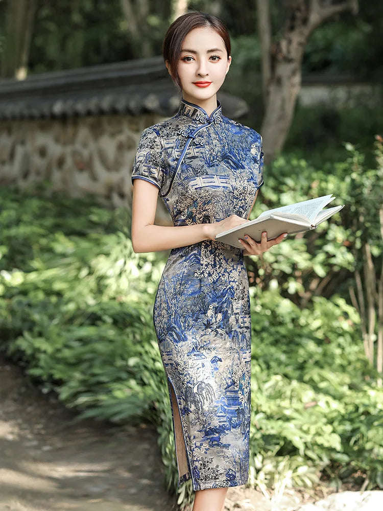 Elegant Print Female Qipao Traditional Classic Chinese Dress Asian Clothing Sexy Slim Short Cheongsam Mandarin Collar Vestidos - Seprincess