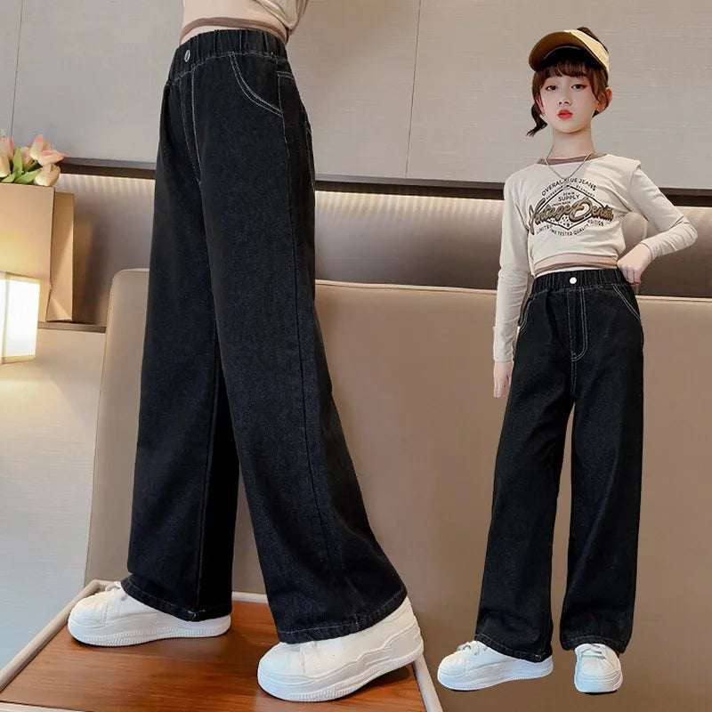 Teenage Jeans for Girls 2024 Spring Summer Casual All-match Loose Kids Leg Wide Pants School Children Trousers 4-16 Years