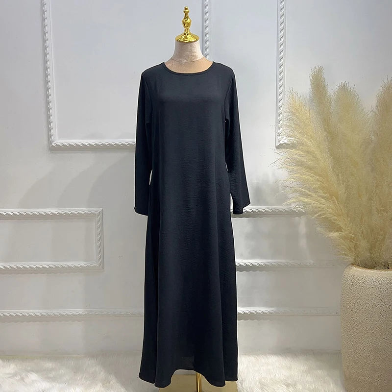 New Abaya Under Dress Long Sleeve With Pockets High Quality Jazz Crepe EID Muslim Women Basic Solid Modest Maxi Islamic Clothing - Seprincess