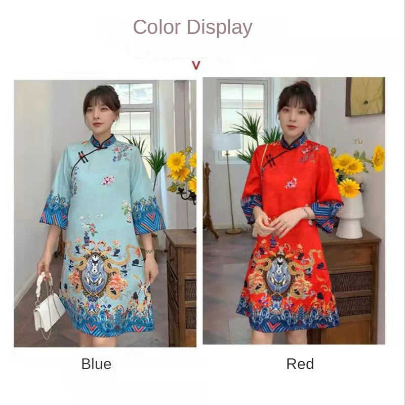 Red Blue Loose 2024 New Fashion Modern Chinese Cheongsam A-line Dress Women 3/4 Sleeve Qipao Traditional Chinese Clothes - Seprincess