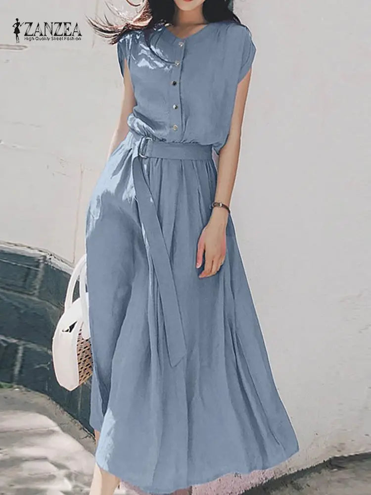 2023 ZANZEA Women Fashion Short Sleeve Dress Summer Elegant Party Vestidos Casual Mid-calf Sundress Femme Vintage OL Robe Kaftan - Seprincess