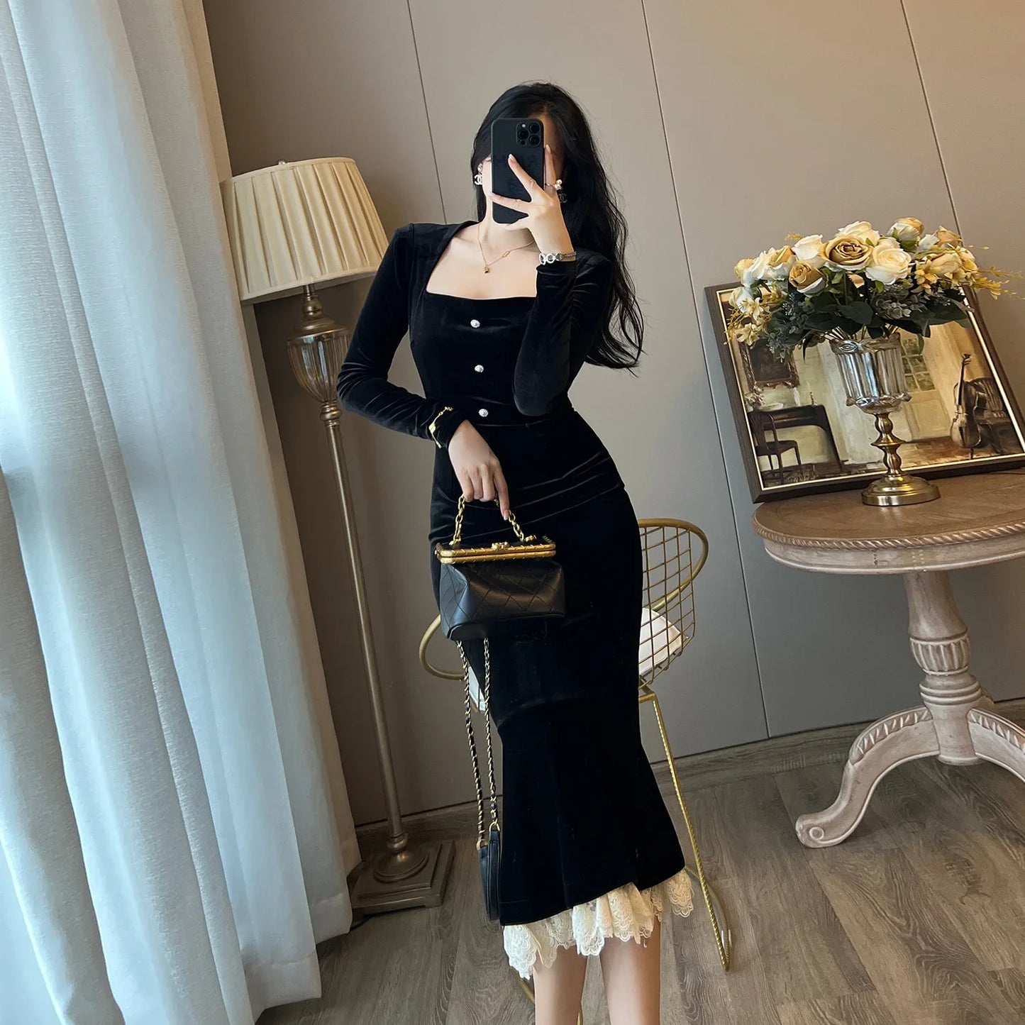 Elegant French Haban Style Fish Tail Skirt Spring Autumn Soft High Class Square Collar Long Sleeve Black Velvet Long Dress - Seprincess