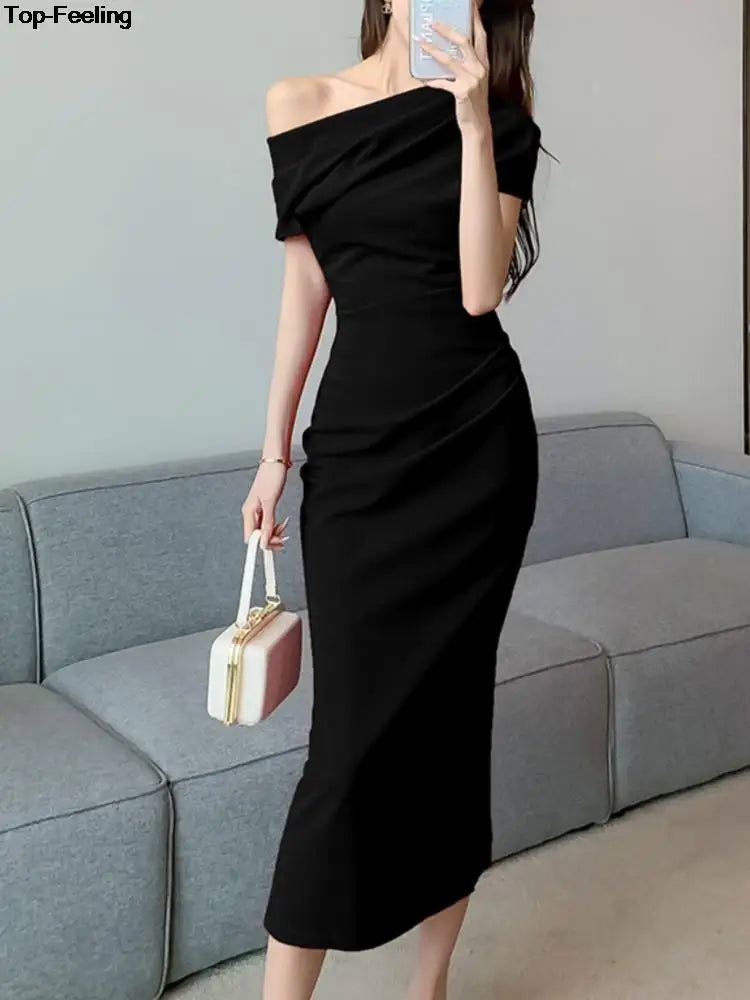 Elegant Off Shoulder Evening Party Dresses Women Summer Fashion Slim One Piece Solid Vestidos Korean Graduation Robe Clothing - Seprincess