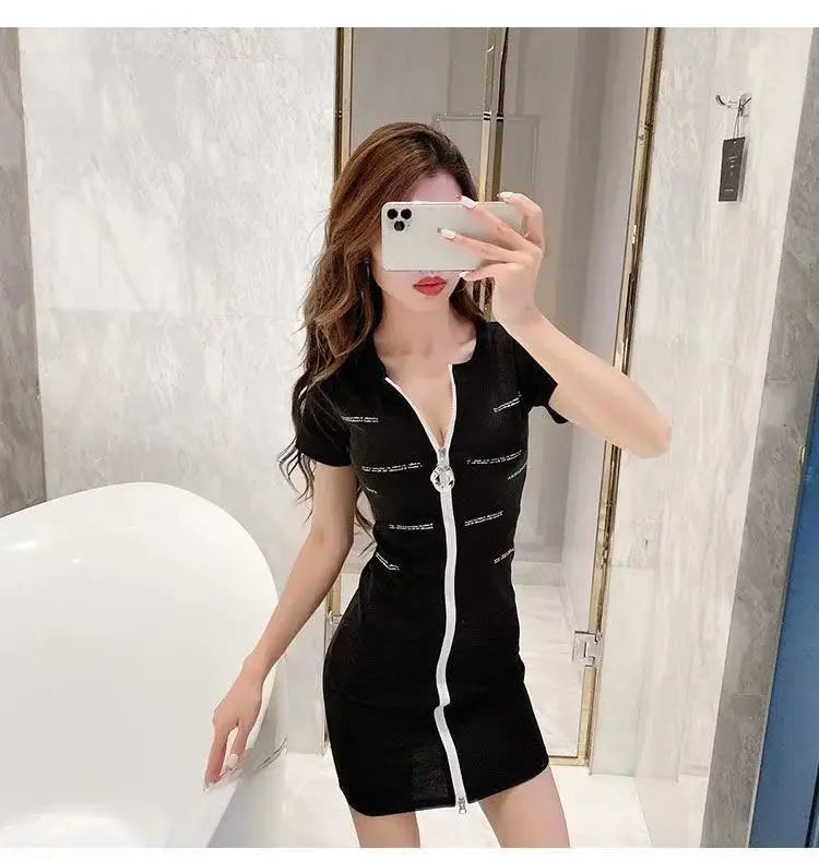 Spring/Summer 2024 V-Neck Zipper Skirt Letter Print Sexy Night Shop Dress Women's Deep V Low Cut Fashion Dress - Seprincess