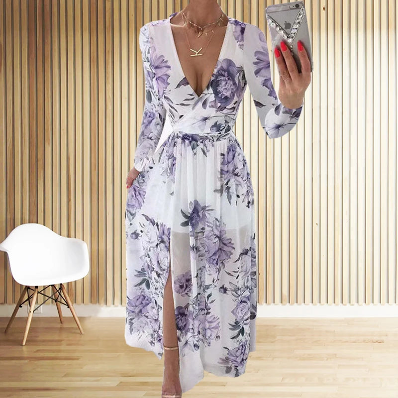 Amazon eBay Cross border 2024 Summer Chiffon Printed Long Dress V-neck Dress Long Sleeve Split Dress Women - Seprincess