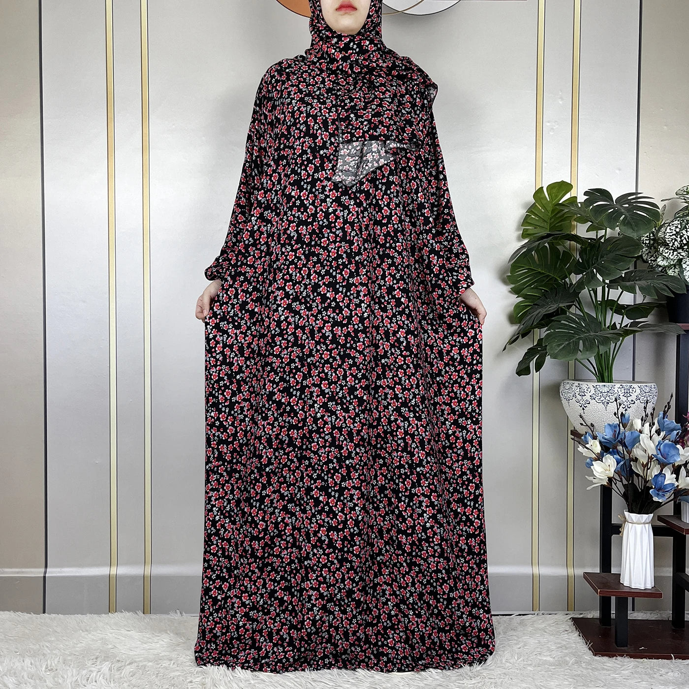 2024Latest Muslim Abayas For Women Ramadan Prayer Maxi Dubai Turkey Femme Cotton Robe Floral Loose African Dress Turban Attached - Seprincess