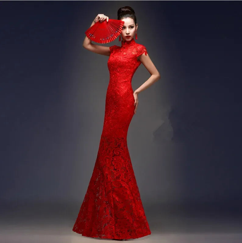 Vintage Chinese Style Cheongsam Wedding Dress Retro Toast Clothing Long Gown Marriage Slim Qipao Party Evening Dress Vestido RED - Seprincess