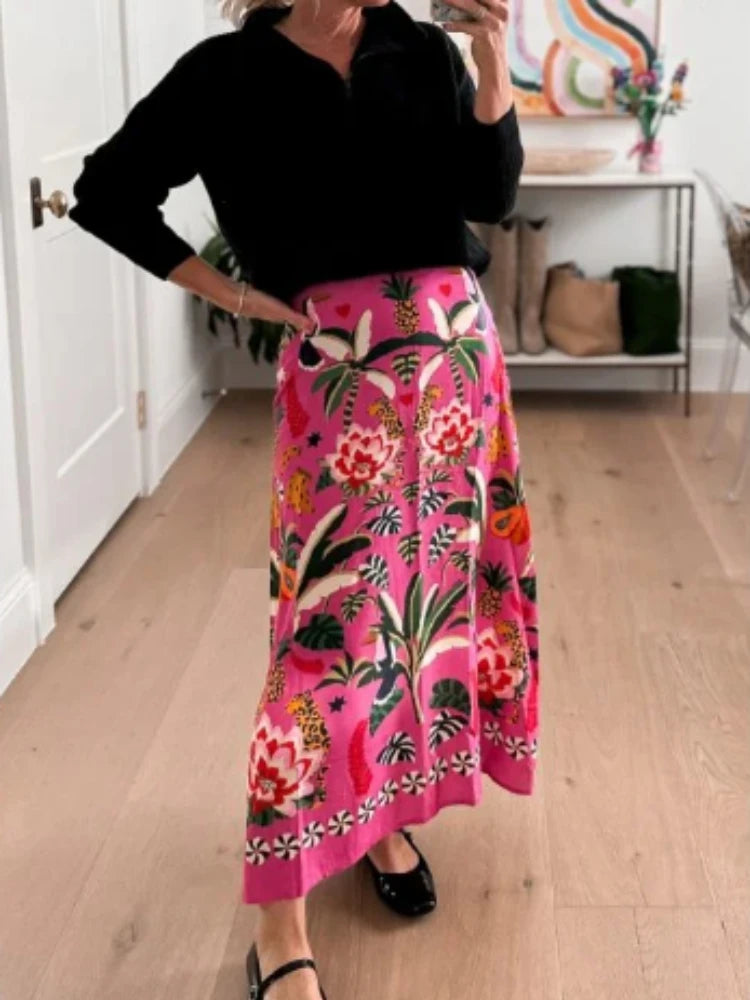 2024 Spring/Summer New Street Tropical Plant Print Retro Half Skirt Women's Elegant Lower Half Colored Printed Half Skirt - Seprincess