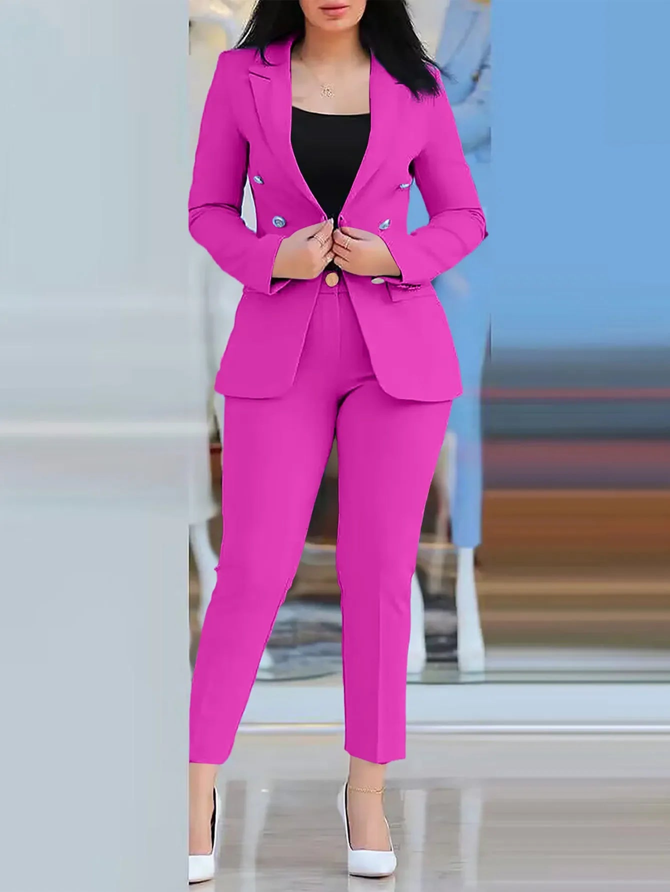 New 2023 Formal Office Pant Sets Women 2PCS Double Breasted Solid Blazers Jacket and Pants Two Pieces Set Female Pant Suits Sets - Seprincess