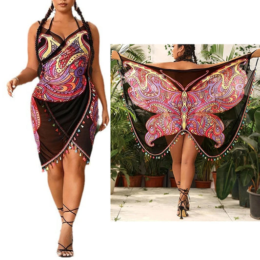 Sexy Butterfly Print Cover Up Swimwear Women Dress Summer Tunic Bikini Bath Sarong Wrap Skirt Swimsuit Elegant Lady Beachwear - Seprincess