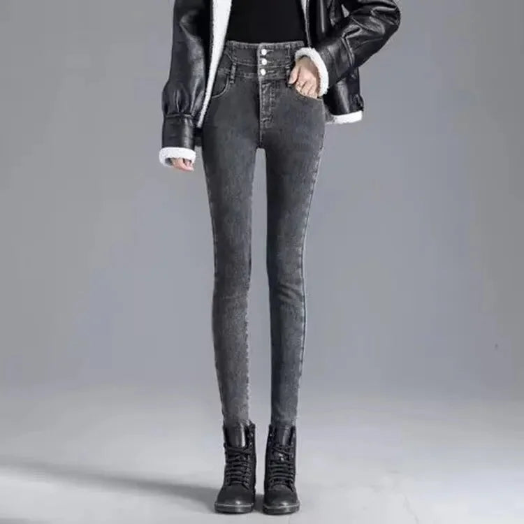 Fashionable High-Waisted Button-Up Jeans With Elastic Waistband And Pencil Legging Design Versatile Solid Color For Autumn/Winte