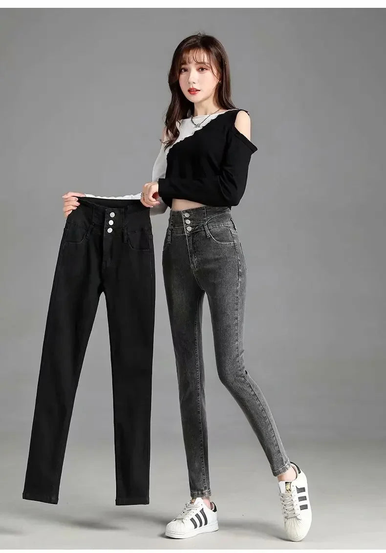 Thickened High-waisted Fleece-lined Jeans Women's Black Grey Slimming Winter 2021 New Style Tightening Integrated Velvet Pants