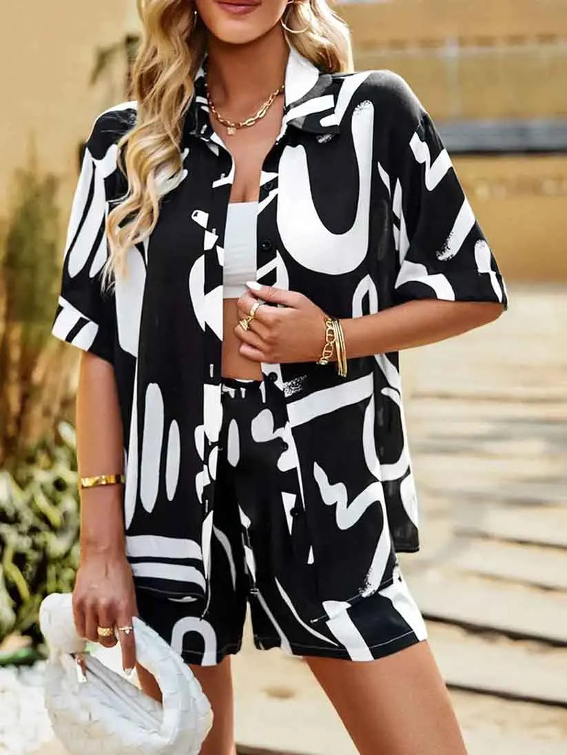 Casual Beach Holiday Loose Shirt Short Sets Bohemian Geometric Print Two Piece Set For Women Summer Outfits For Women 2023 - Seprincess