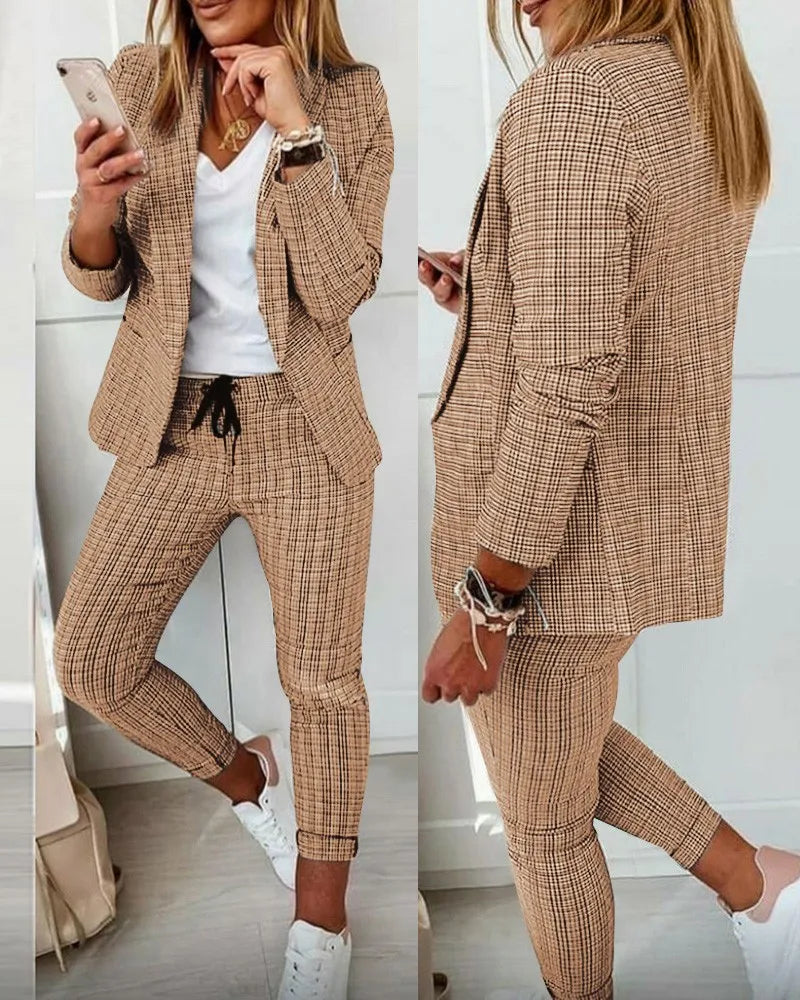 New Autumn Winter Plaid Printing Two Piece Sets Women Casual Notched Collar Blazer & Pants Set Outfits Fashion Elegant Suit Sets - Seprincess