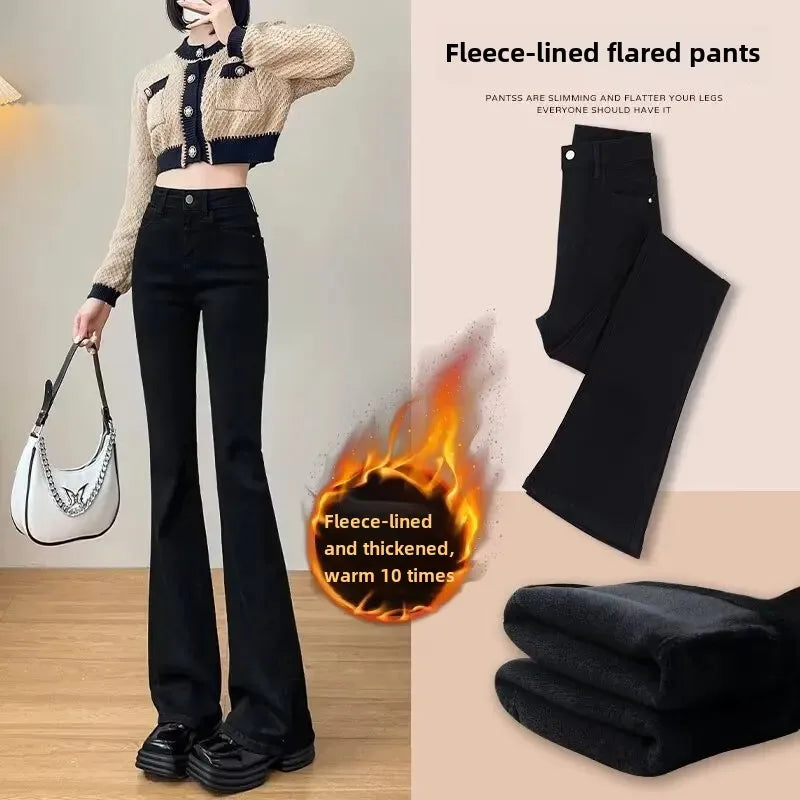 Autumn Winter Fleece-Lined High-Waisted Slimming Jeans For Women Petite Black Versatile Elastic Micro-Flared Cropped Pants