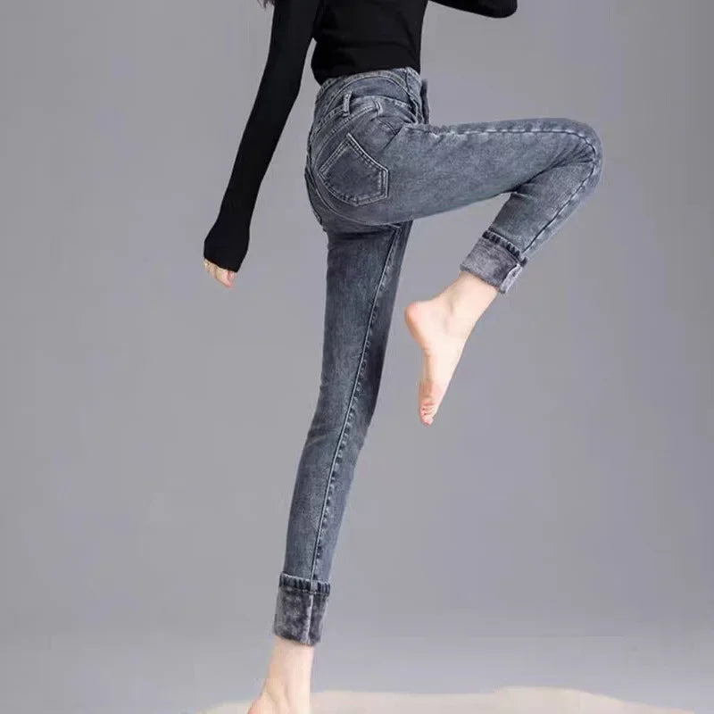 2024 Autumn/Winter New Solid Color Slim Fit Women's Jeans High Waist Buttoned Wool Lined And Thickened Pencil Leggings