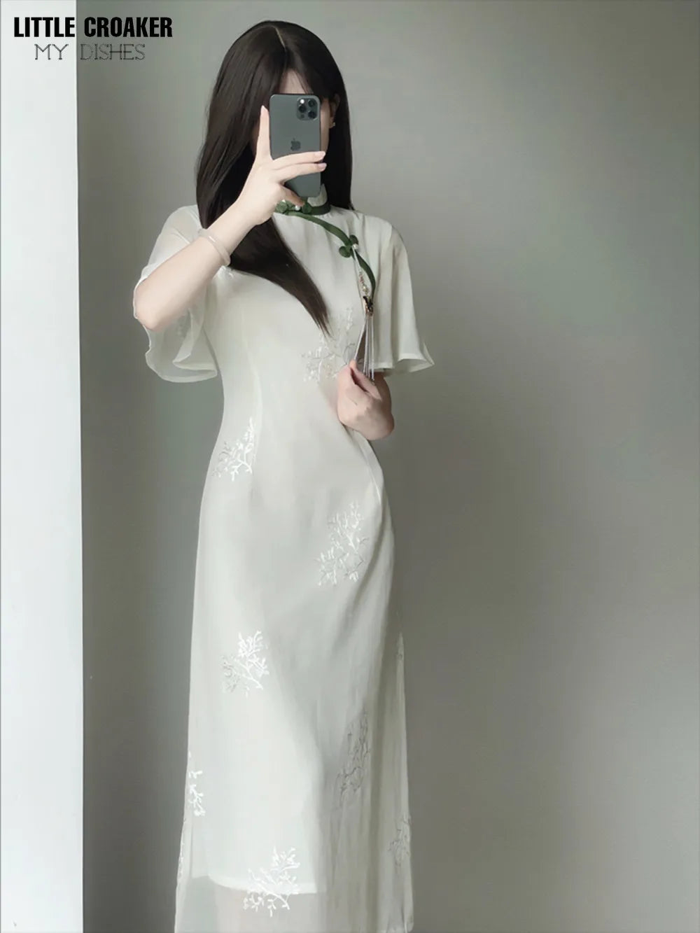 Women White Chiffon Embroidered Inverted Long Sleeve Qipao 2023 Summer New Cheongsam Chinese Style Girl Wen Wan Lady Dress - Seprincess