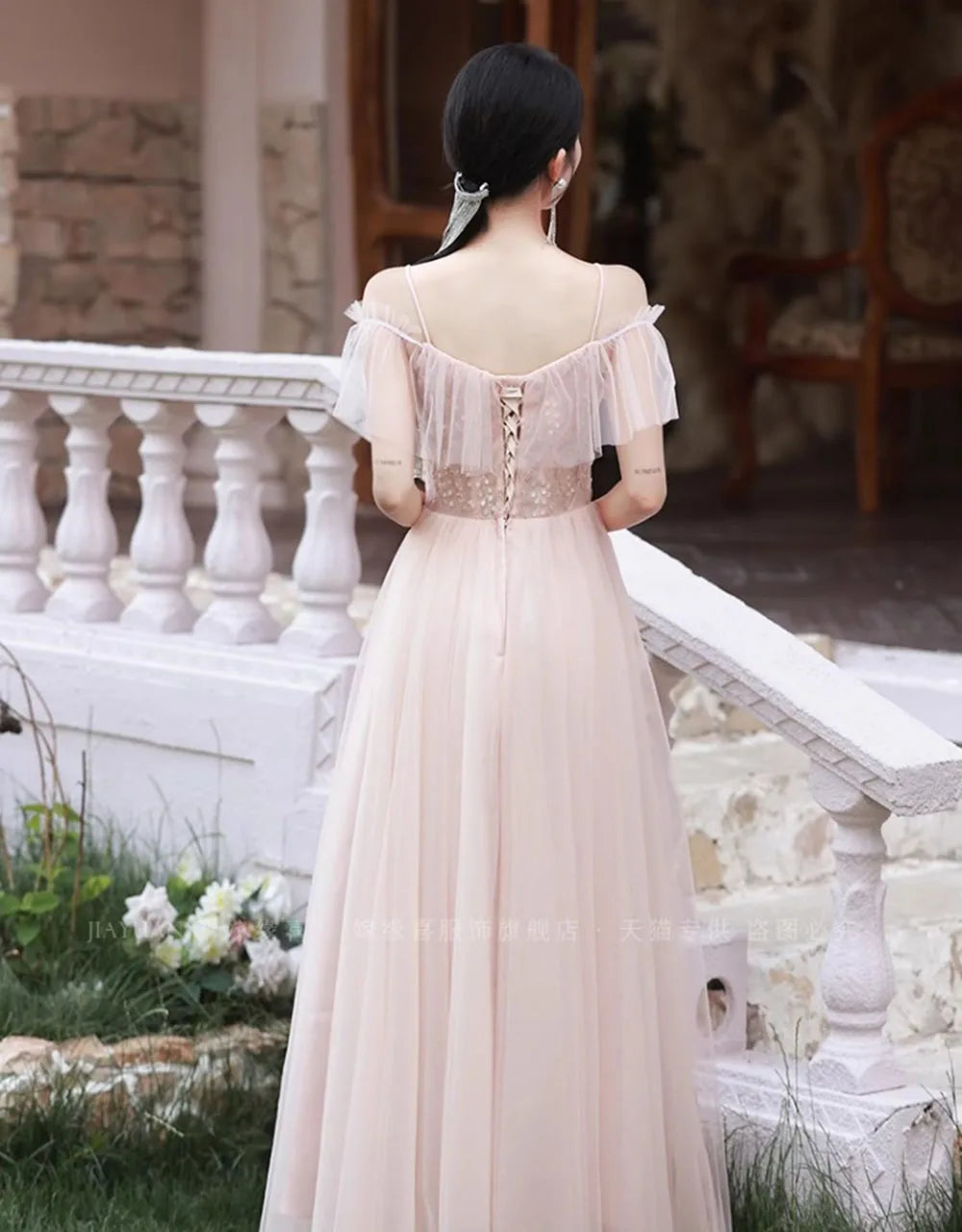 4 Styles Pink Bridesmaid Dress Women's Elegant Thin Tulle Off The Shoulder Flower Appliques A-line Wedding Party Guest Vestido