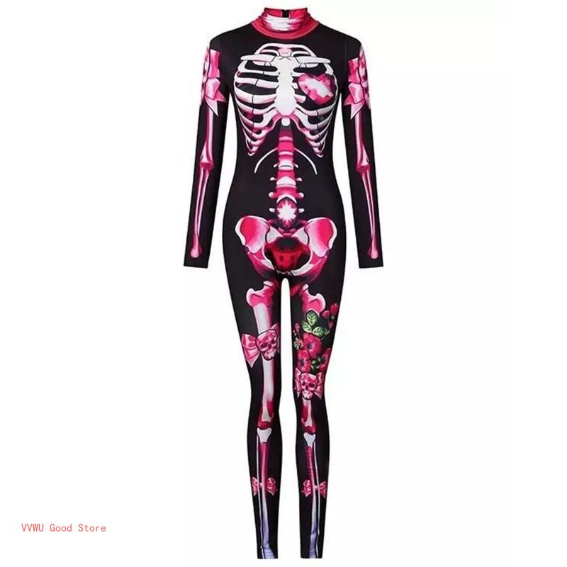 Women Halloween Party Costume Skull Print Long Sleeve Jumpsuit Outfit Skeleton - Seprincess