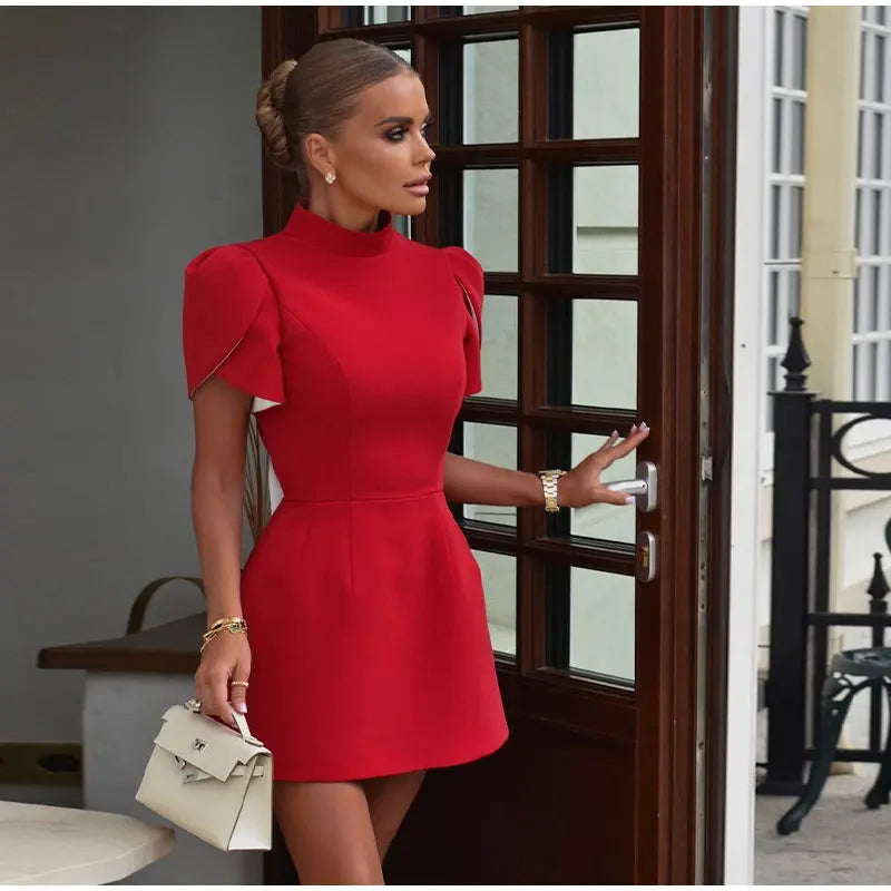 Fashion Red 3d Bow Hollow Out Mini Dress Women Chic Button O-neck Short Sleeve High Waist Dresses 2024 Summer Lady Party Robes - Seprincess