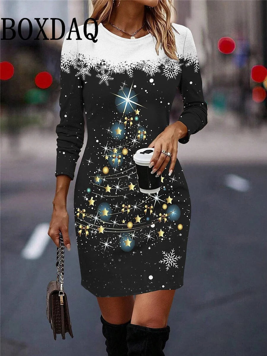 Round Neck Long-Sleeved Women's Party Dress Christmas Tree Snowflake Print A-Line Dress Winter Fashion Casual Loose Mini Dresses - Seprincess