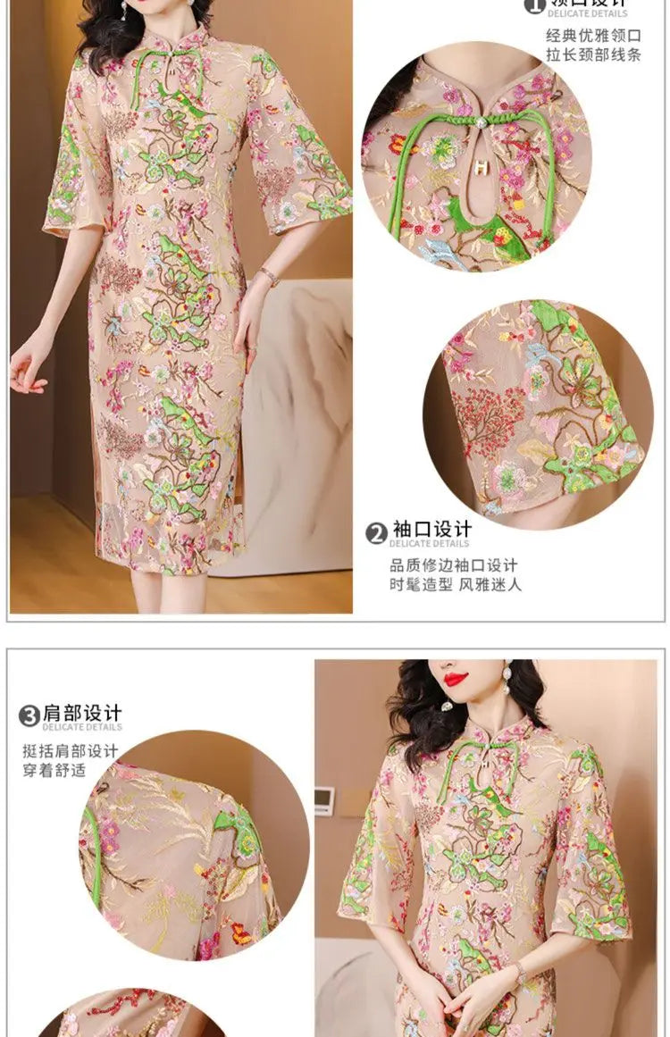 2024 new chinese improved elegant cheongsam woman summer national style gauze retro slimming embroidered half sleeve qipao dress - Seprincess