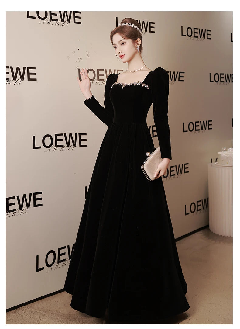 Black new light luxury small temperament banquet velvet long-sleeved dress - Seprincess