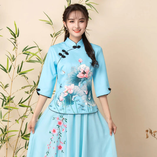 2023 Two Piece Cheongsam Chinese Dress Elegant Vintage Floral Print Modern Cheongsam Women Daily Qipao Dress Traditional Clothes - Seprincess