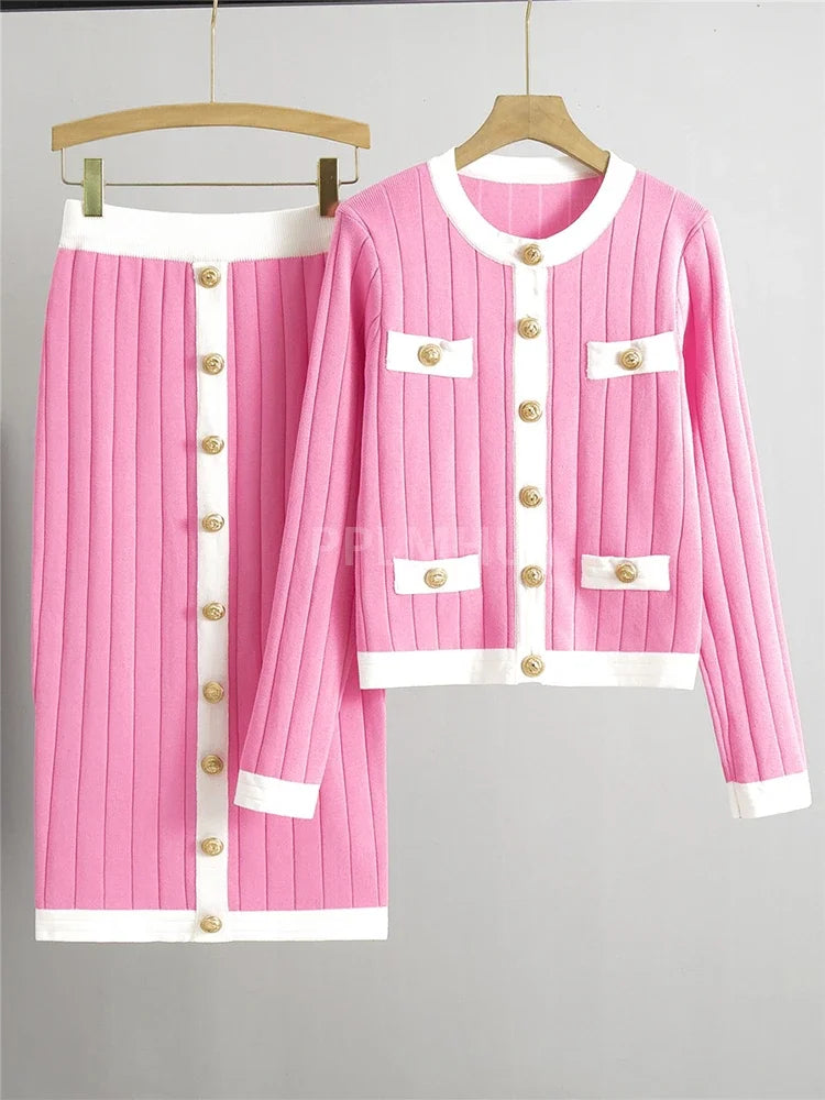 Women New Slim O-neck Short Sweater Cardigan 2 Piece Suits Korean Vintage Knit Skirts Sets Chic Button Malhas Faldas Conjunto - Seprincess